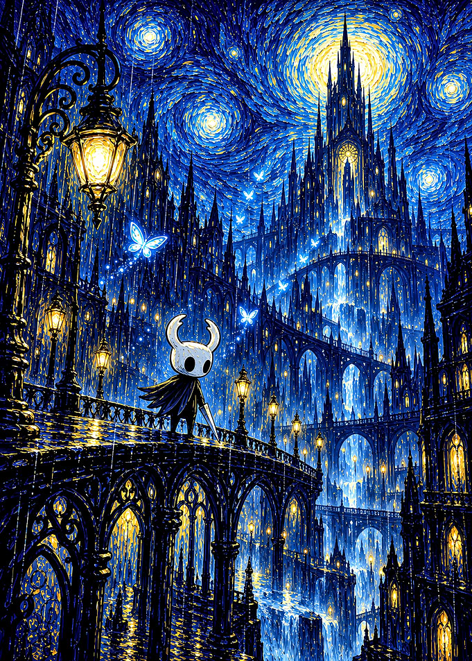 Hollow Knight in Starry Cityscape