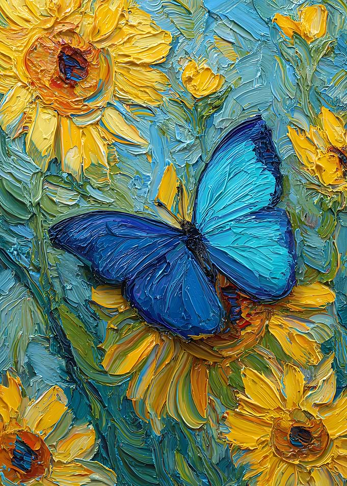 Blue Butterfly on Sunflowers Oil Painting