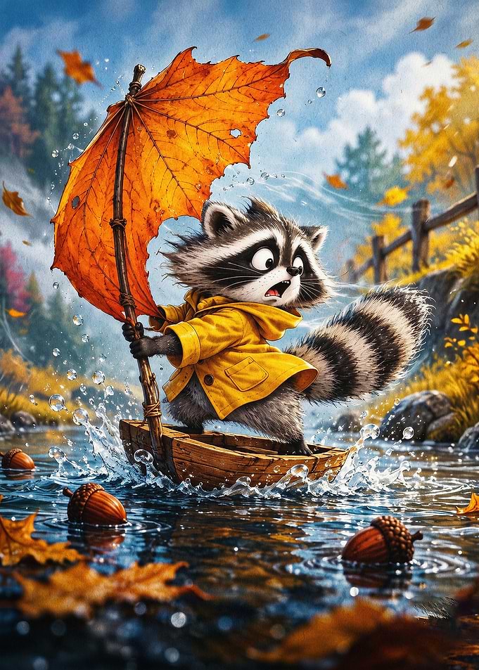 Raccoon Autumn Rain Boat Art Poster