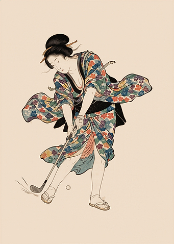 Japanese Art - Woman in Floral Kimono Swinging a Golf Club