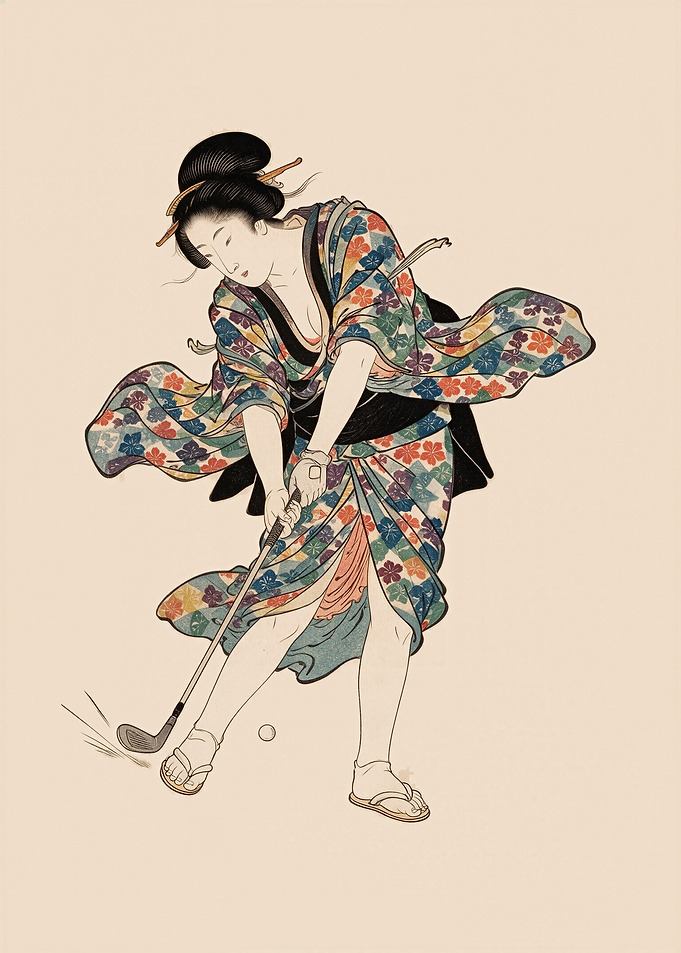 Japanese Art - Woman in Floral Kimono Swinging a Golf Club