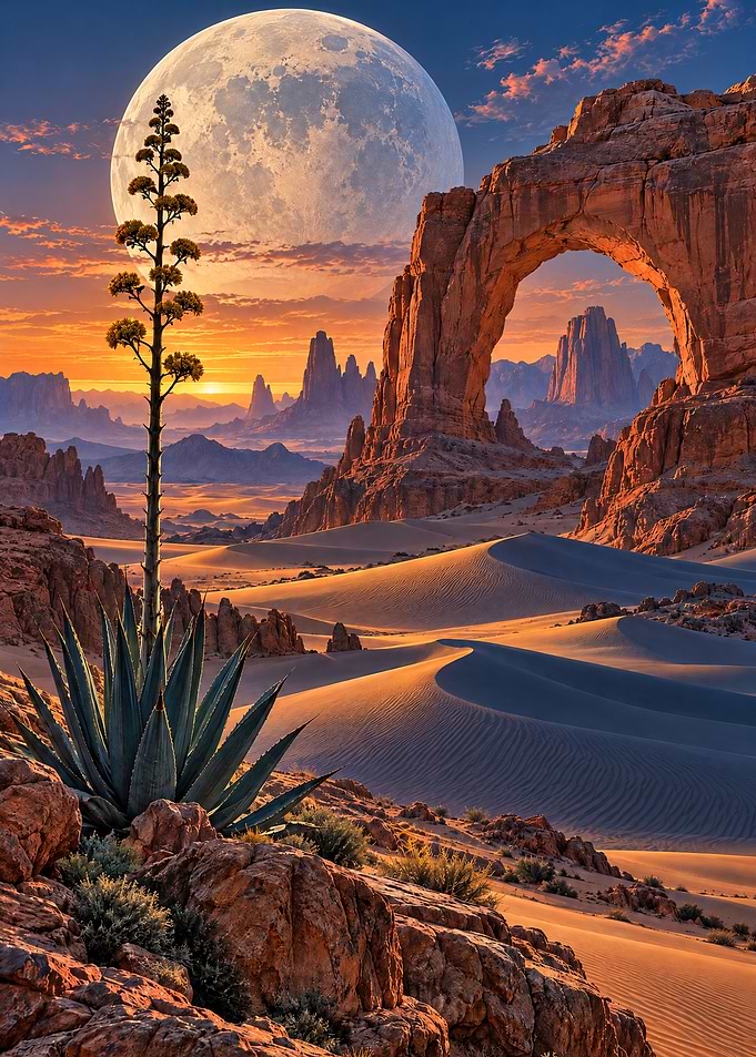 Surreal Desert Landscape with Giant Moon