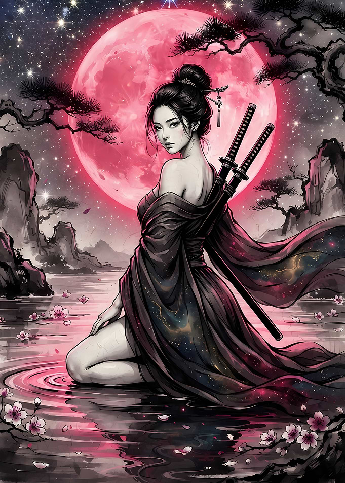 Samurai Woman Under Red Moon