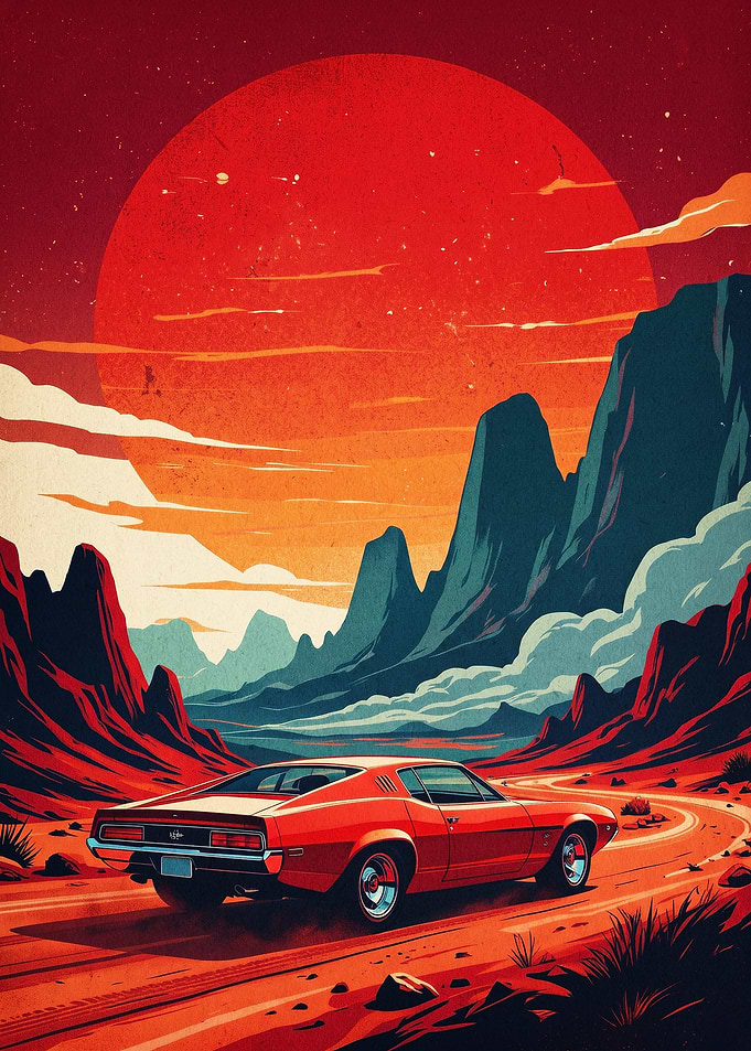 Red Muscle Car Sunset Retro Art