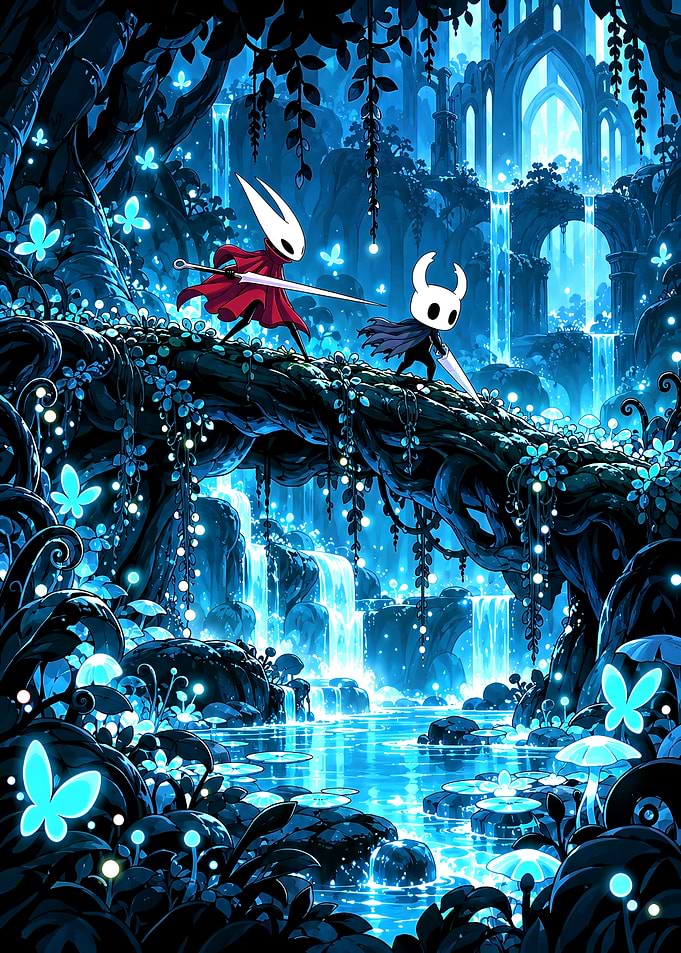 Hollow Knight and Hornet in Greenpath