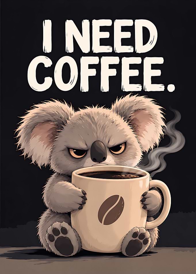 Sleepy Grumpy Koala I Need Coffee Illustration