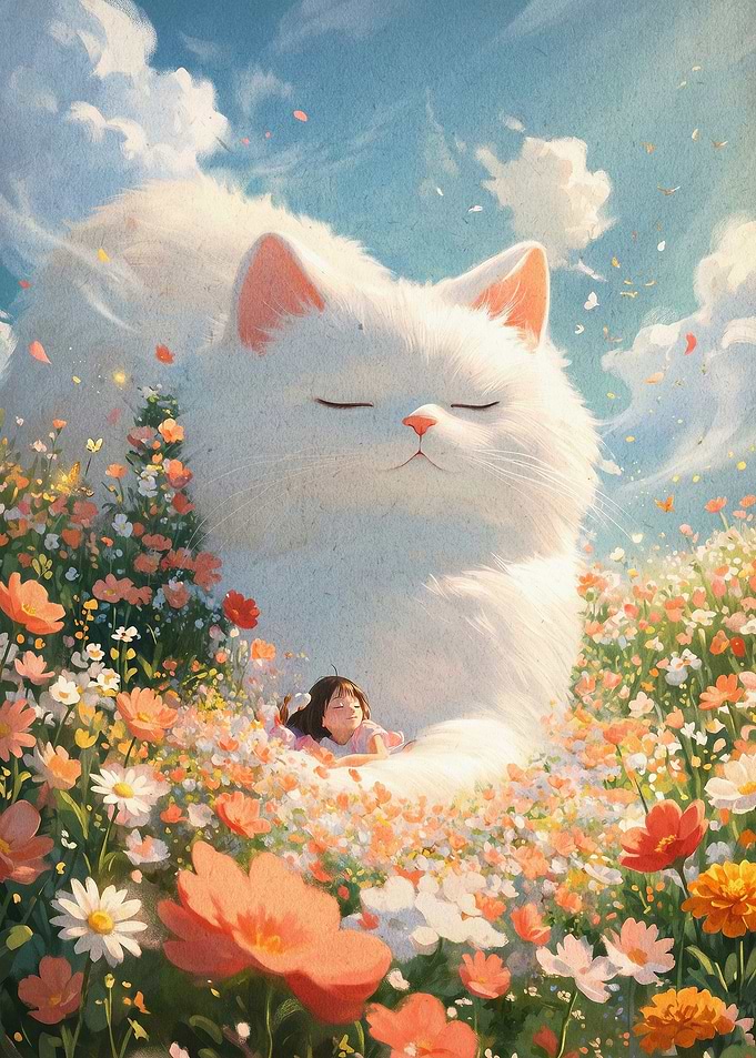 Giant Cat in Flowers Ghibli Art