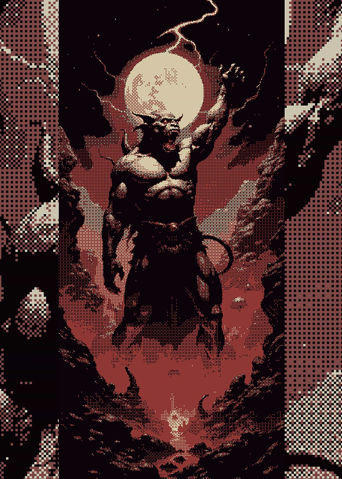 Pixel Art Demon Under Full Moon