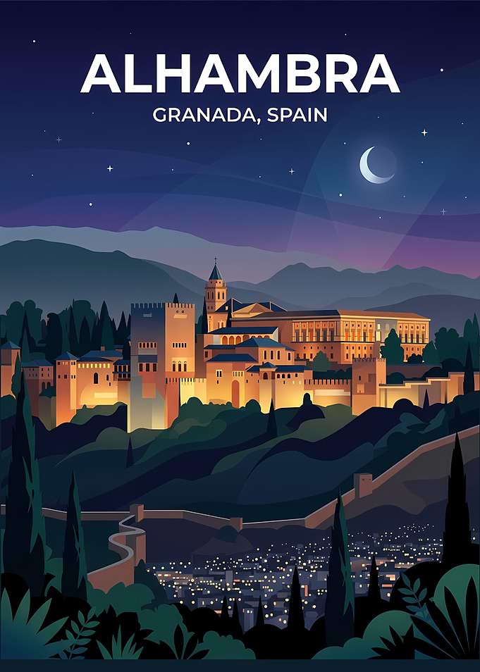 Alhambra Granada Spain Night Travel Poster