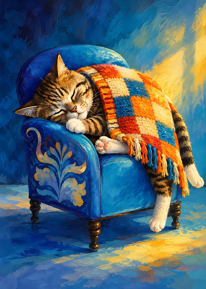 Sleeping Tabby Cat in Blue Chair