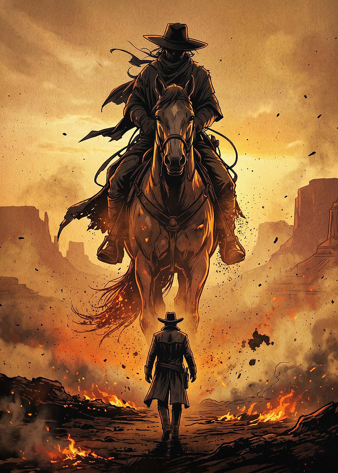 Wild West Cowboy Sunset Art Poster