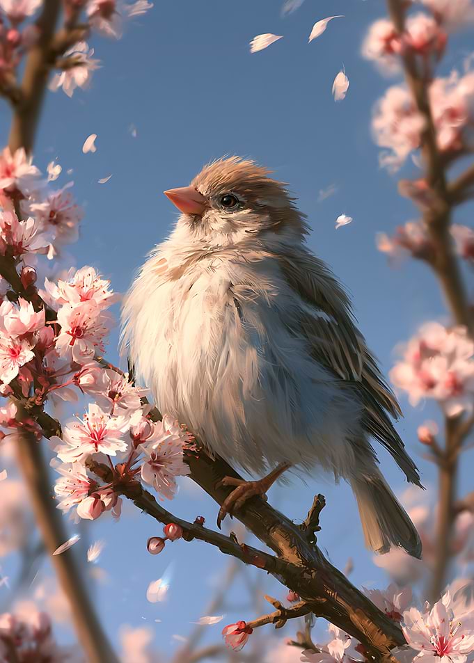 Small Bird Perched on Cherry Blossom