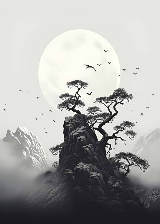 Monochrome Mountain Landscape with Moon Art Poster