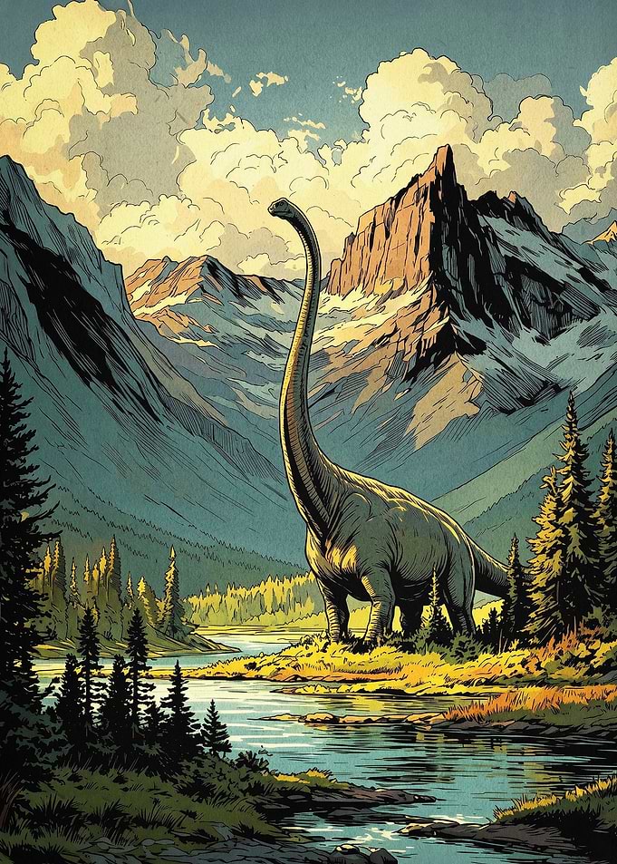Dinosaur Mountains Retro Nature Art