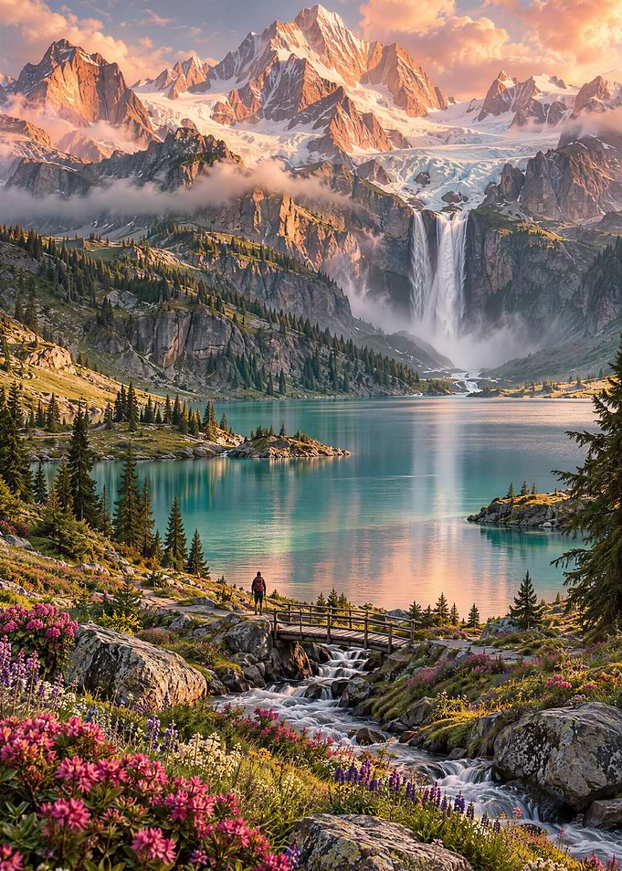Majestic Alpine Waterfall and Lake Landscape