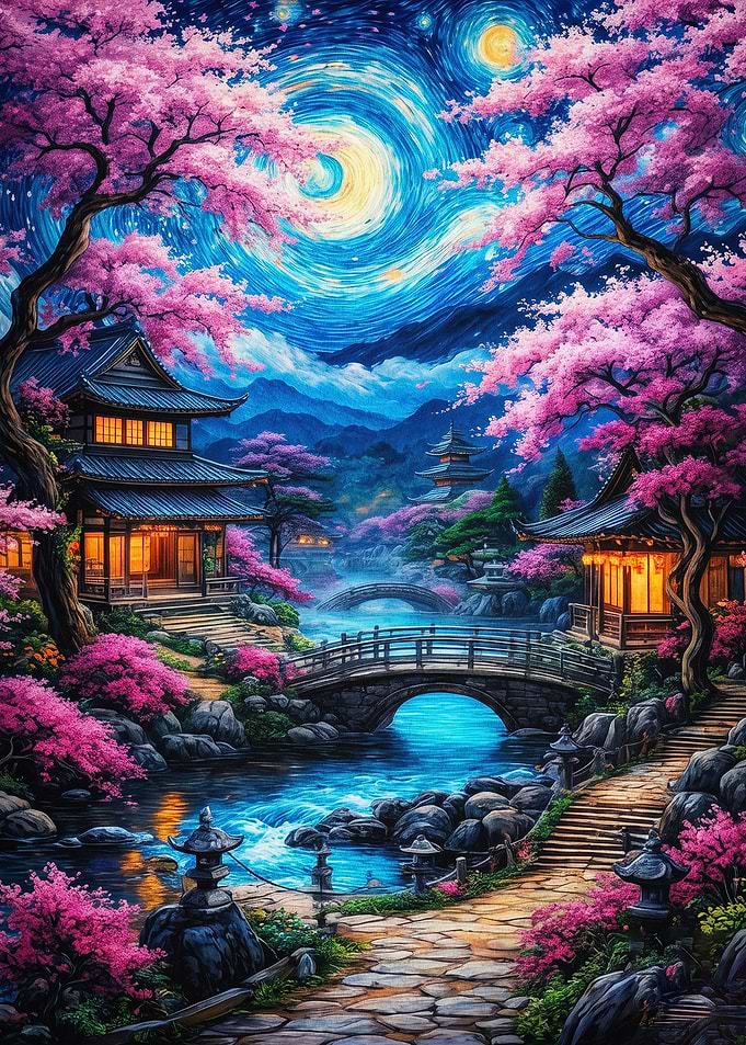Starry Japan Blossom Art Poster