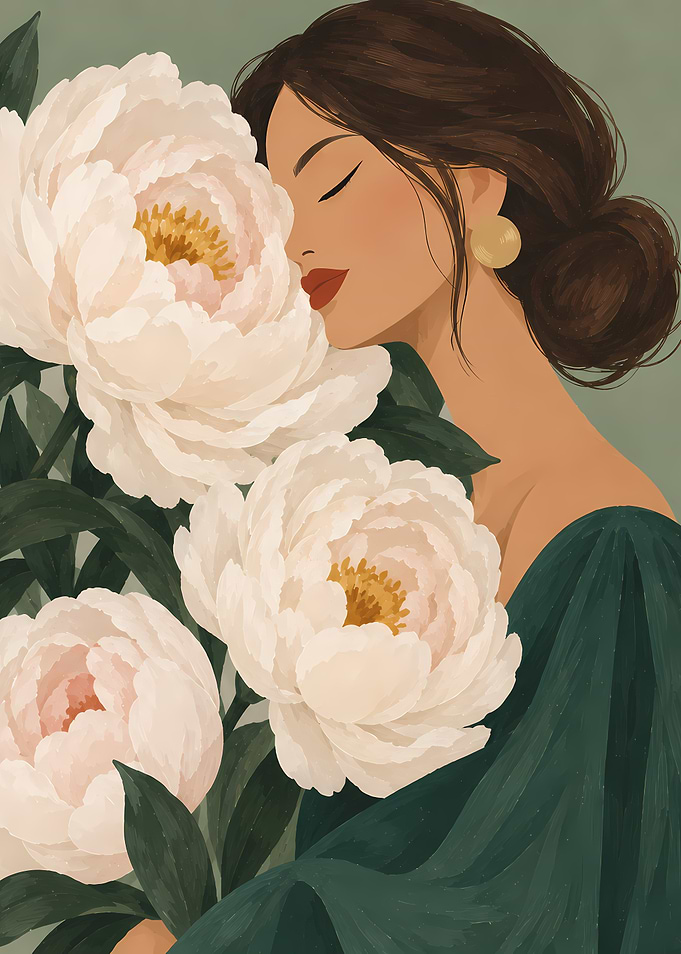 Woman Embracing Large White Peonies