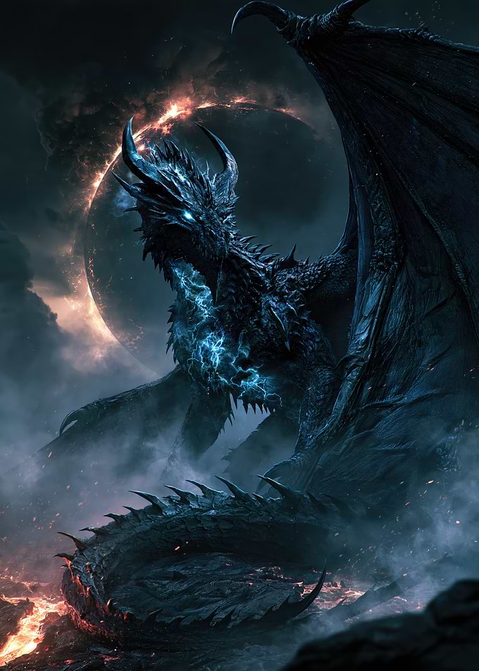 Dark Electric Dragon in Volcanic Landscape