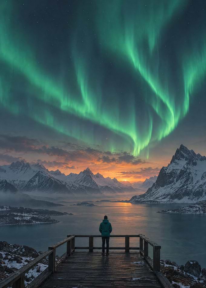 Person Watching Northern Lights Over Mountains