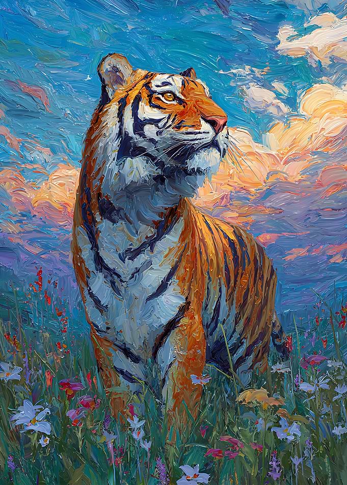 Impressionist Tiger in Wildflower Meadow