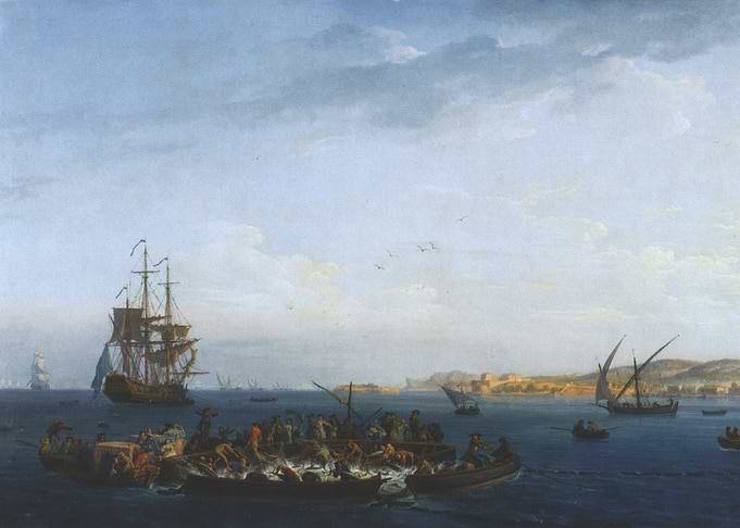 Fishermen Hauling Nets at Sea