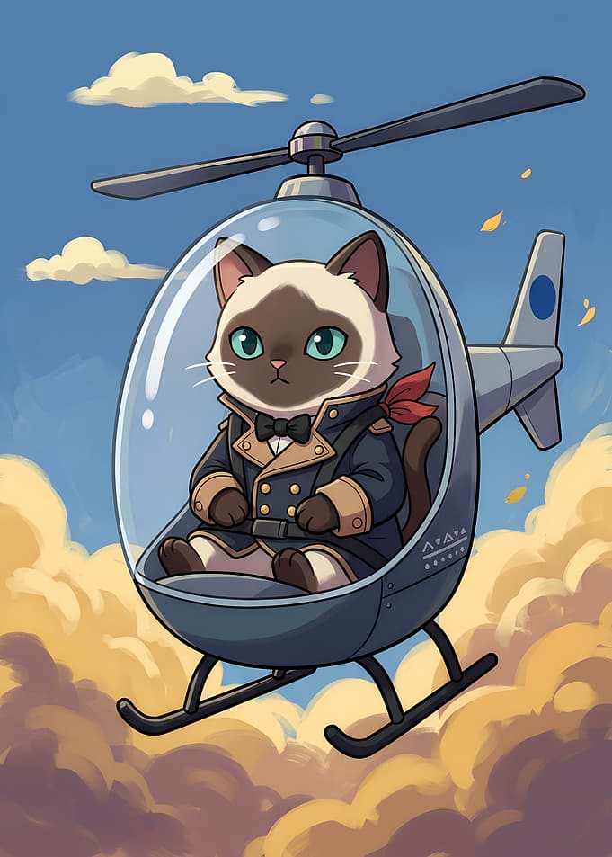 Siamese Cat Pilot in Helicopter