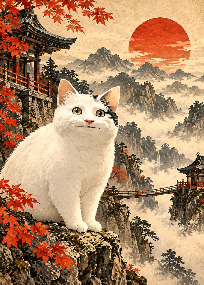 White Cat in Traditional Japanese Landscape