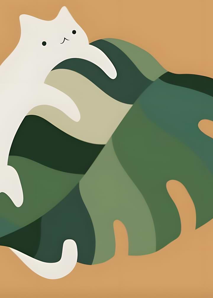 Minimalist Cat Hugging Monstera Leaf