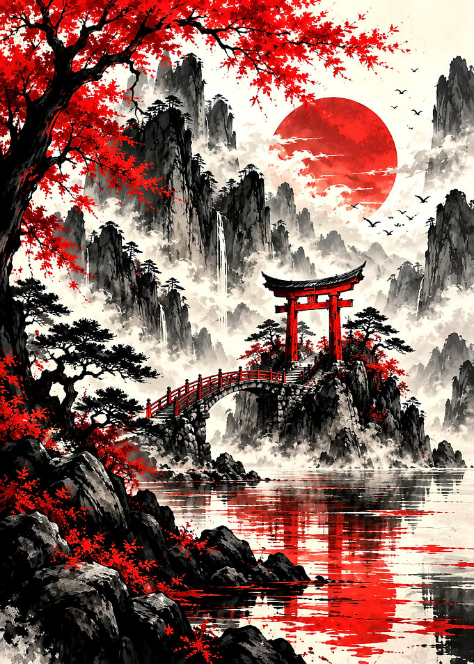 Red Torii Gate in Misty Mountains