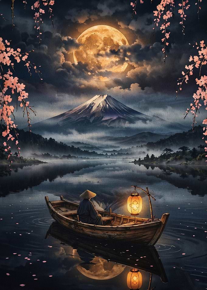 Japan Mountain Moon Night Art