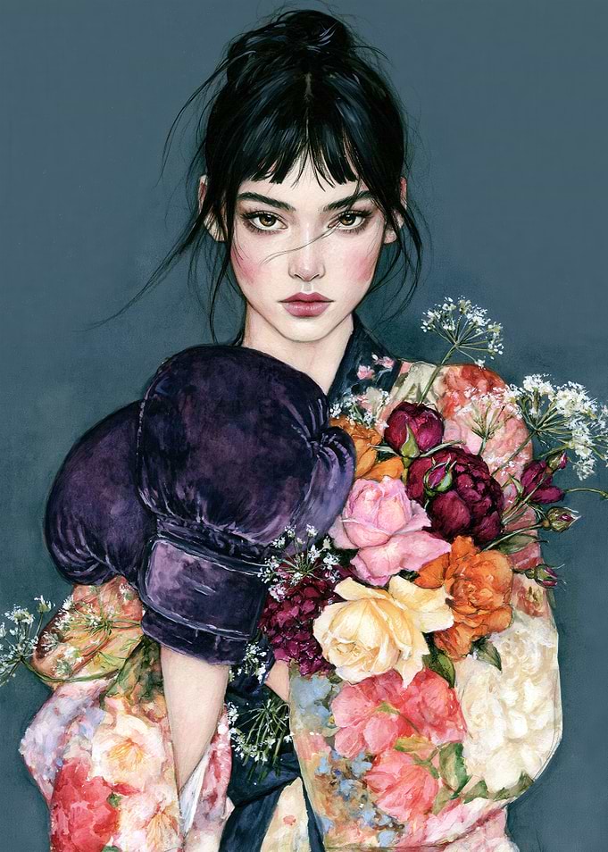 Woman in Floral Kimono with Boxing Gloves
