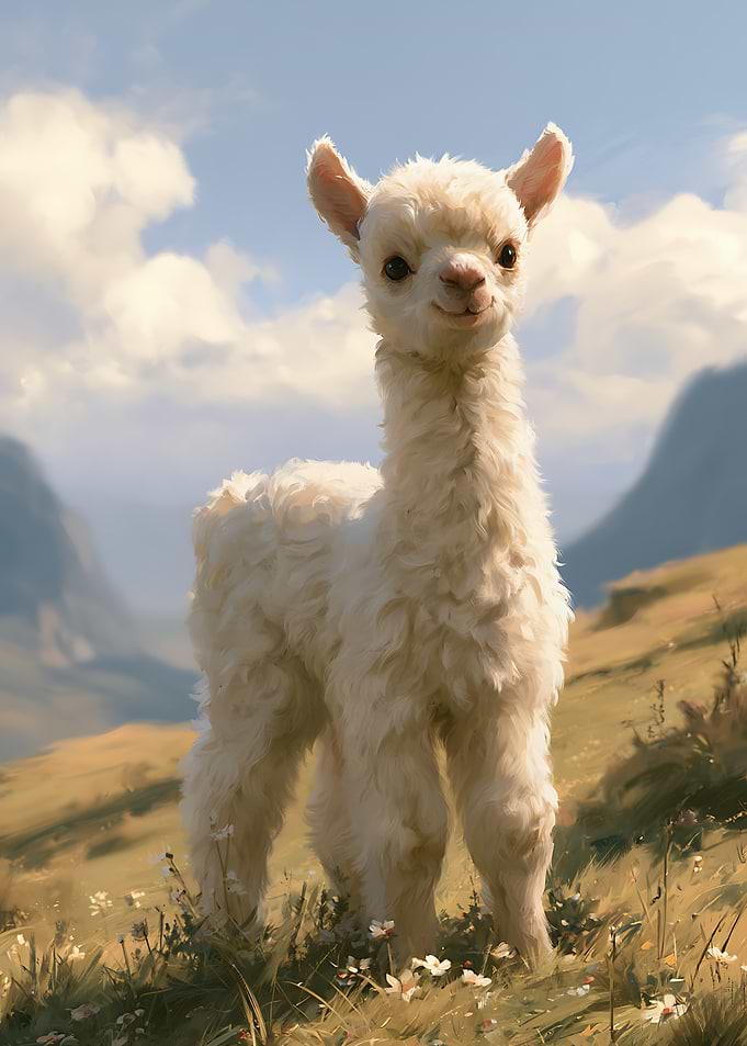 Cute Baby Alpaca in Mountain Meadow
