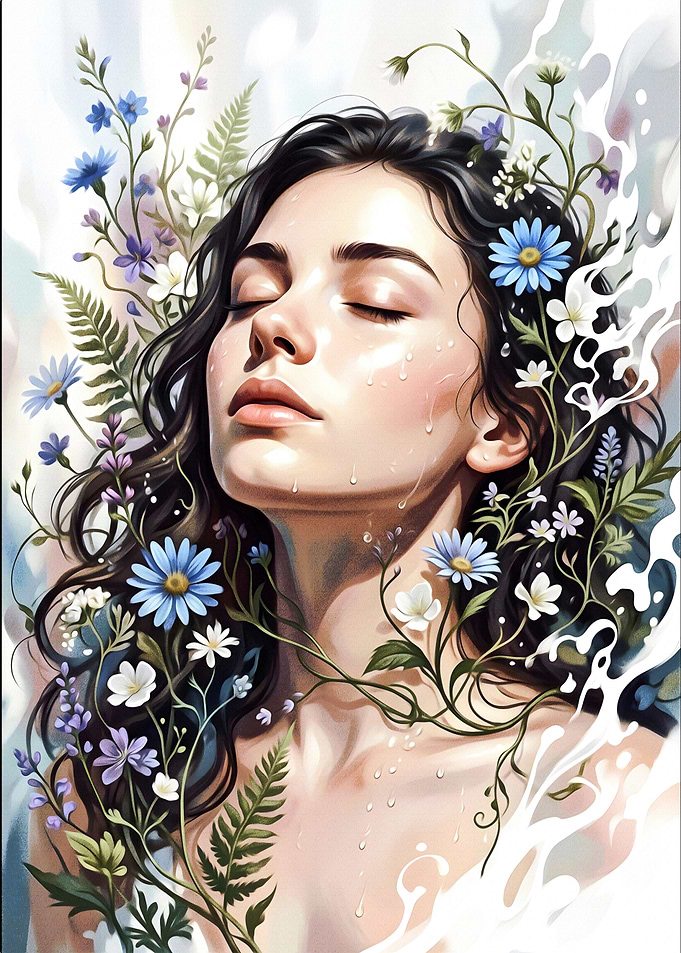 Woman Surrounded by Flowers and Water