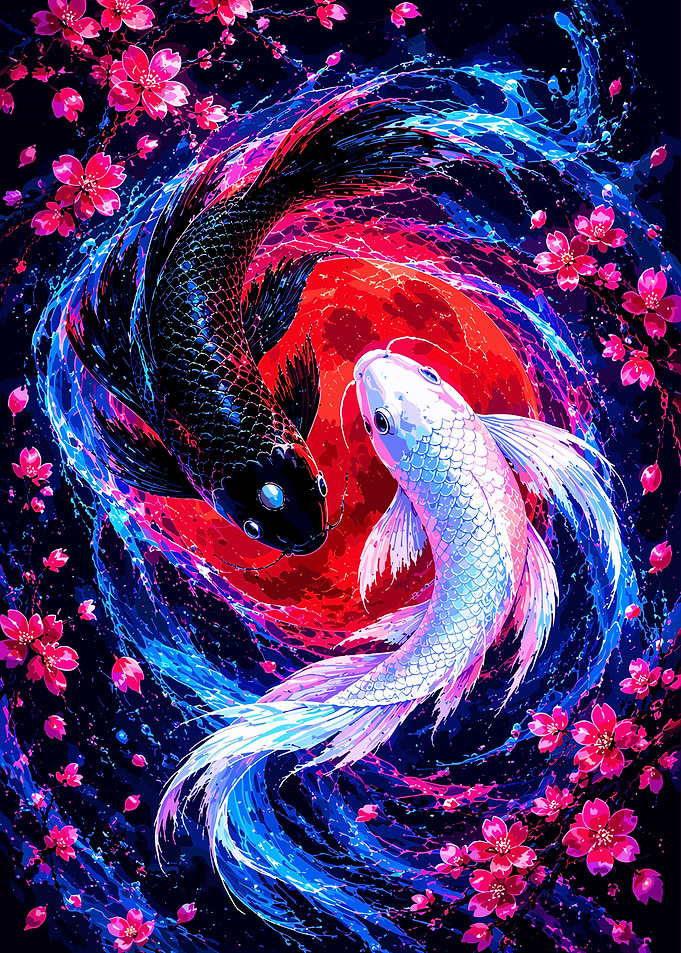 Koi Fish Yin Yang Cherry Blossoms