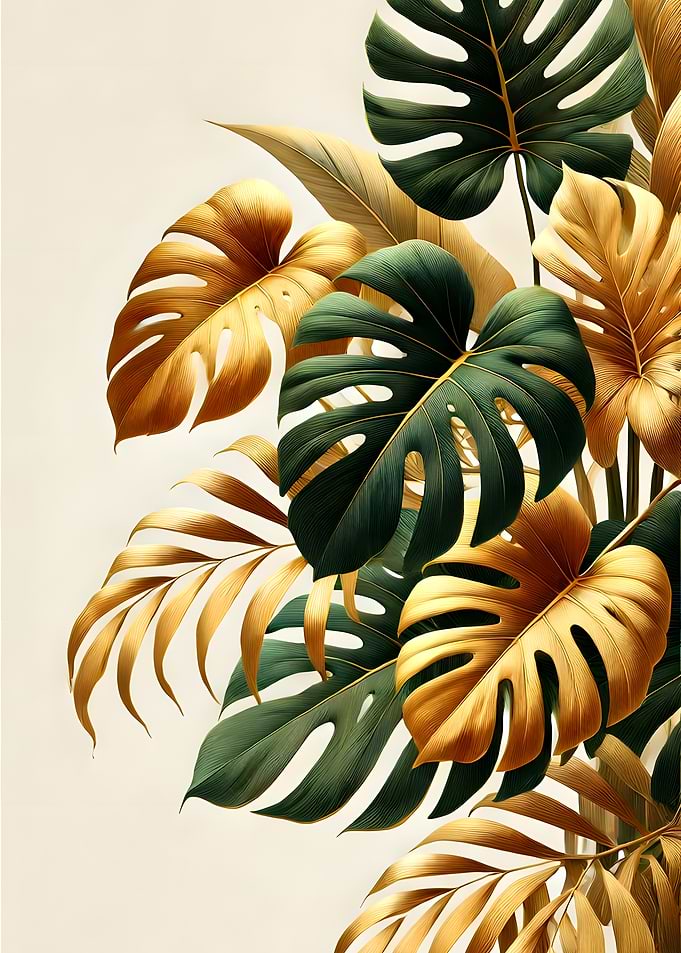 Elegant Gold and Green Tropical Leaves