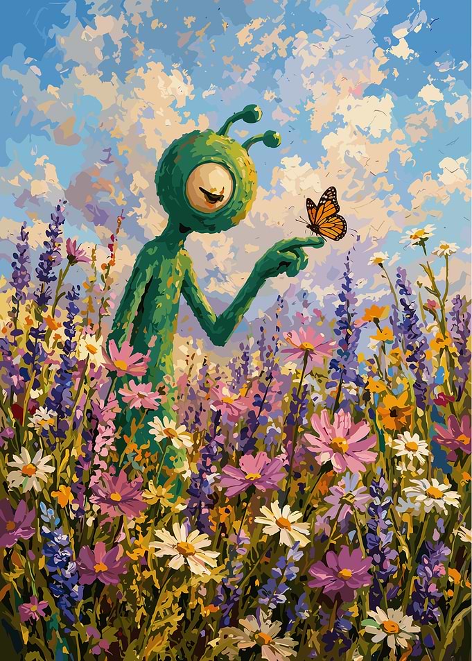 Green Alien in Wildflower Meadow