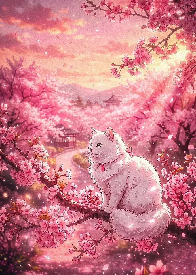 Cherry Blossom Cat Anime Art Poster