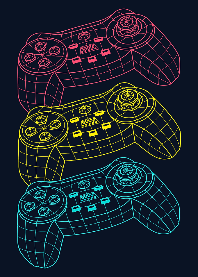 Three Wireframe Gaming Controllers