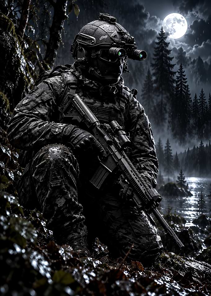 Tactical Soldier in Moonlight Forest