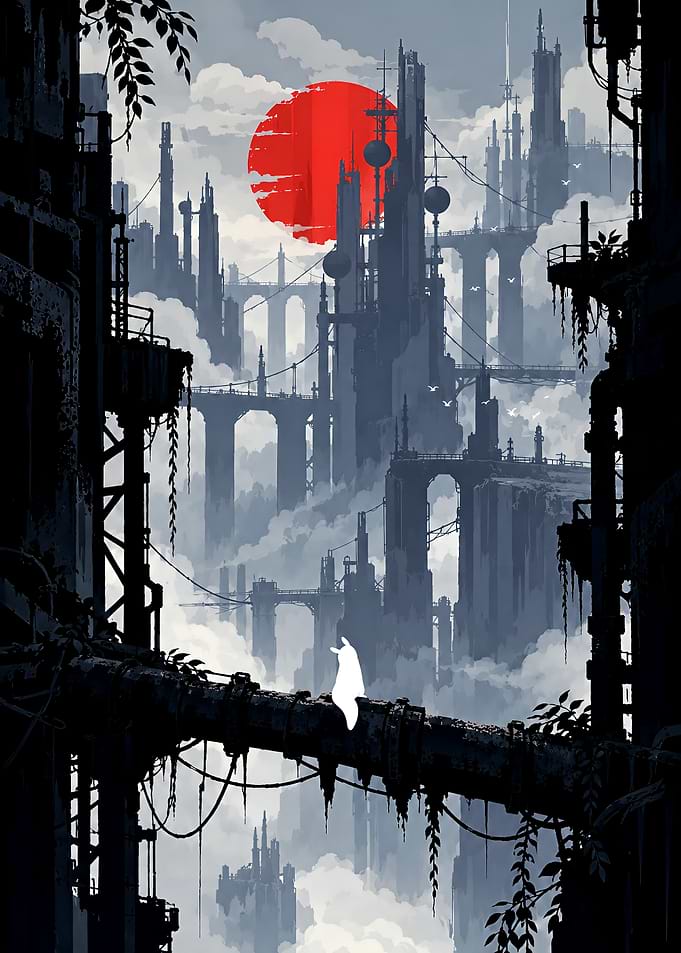 Solitary Figure in Dystopian Sky City