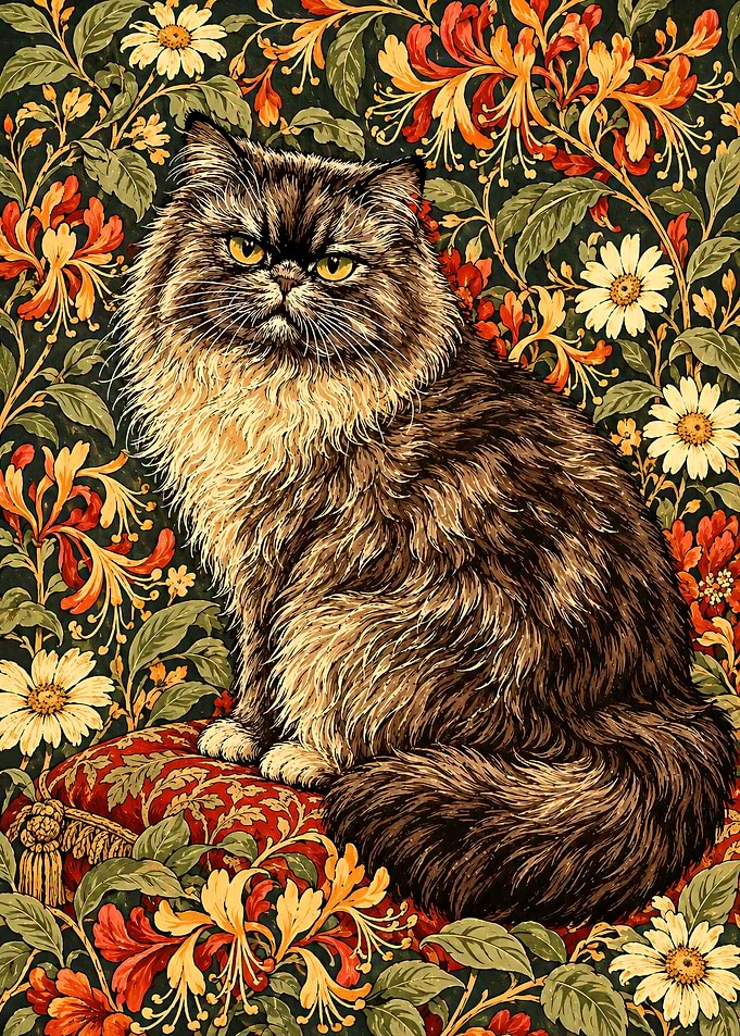 Regal Persian Cat Floral Portrait
