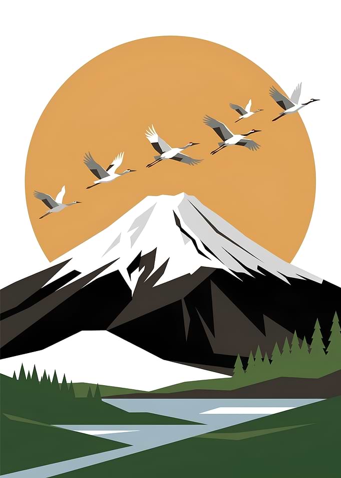 Mount Fuji and Cranes - Japandi Landscape