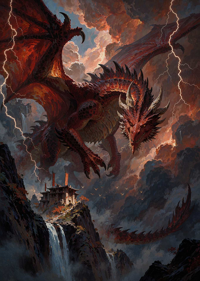 Red Dragon Over Mountain Temple