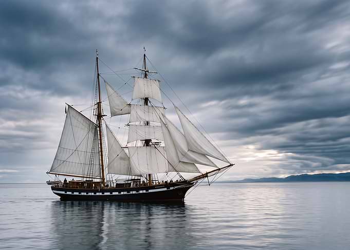 Tall Ship Sailing Under Cloudy Skies