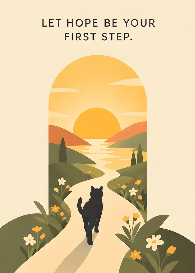 Cat Walking Toward Sunset Inspirational Poster
