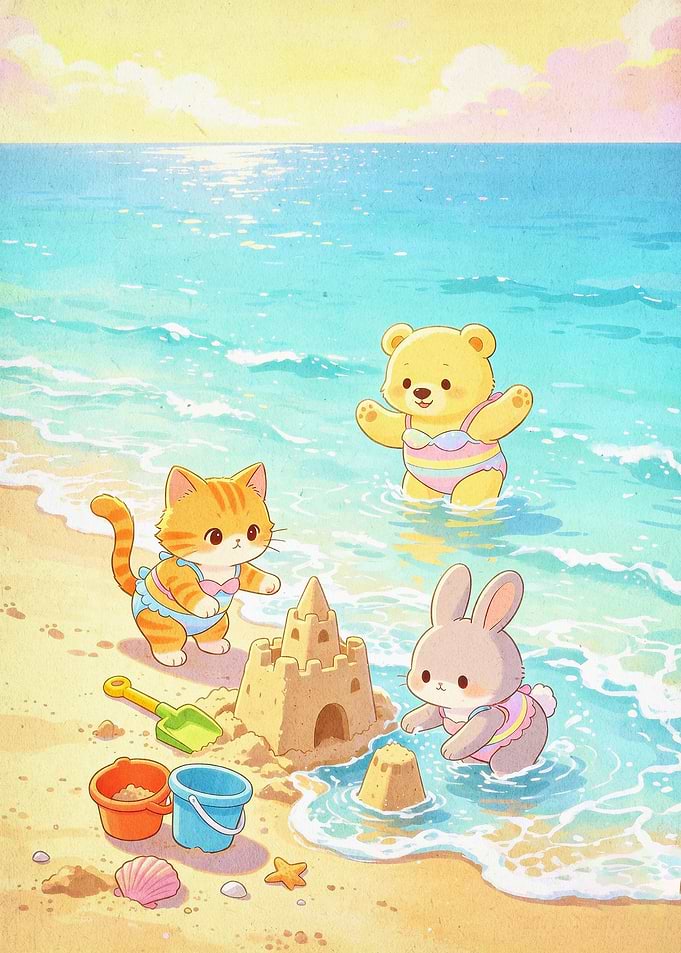 Cute Animals Beach Day Kawaii Art