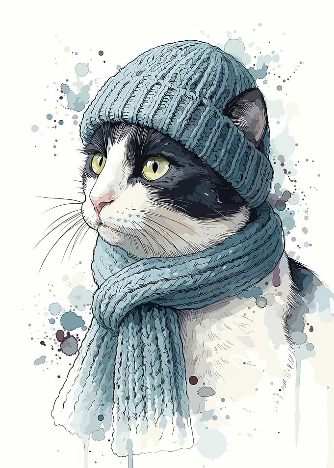 Cat Wearing Winter Hat and Scarf