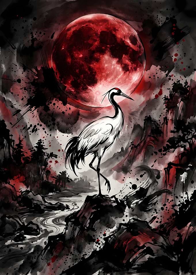 Red Moon Crane Ink Wash Painting