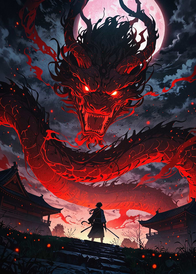 Red Dragon Samurai Dark Anime Art