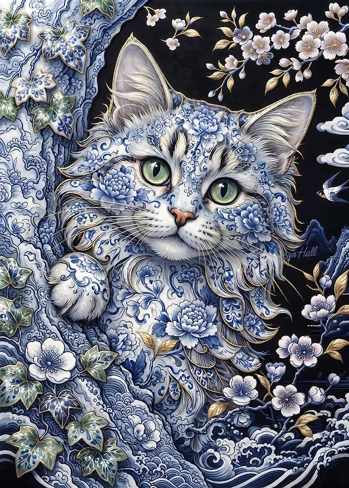Porcelain Patterned Cat Illustration